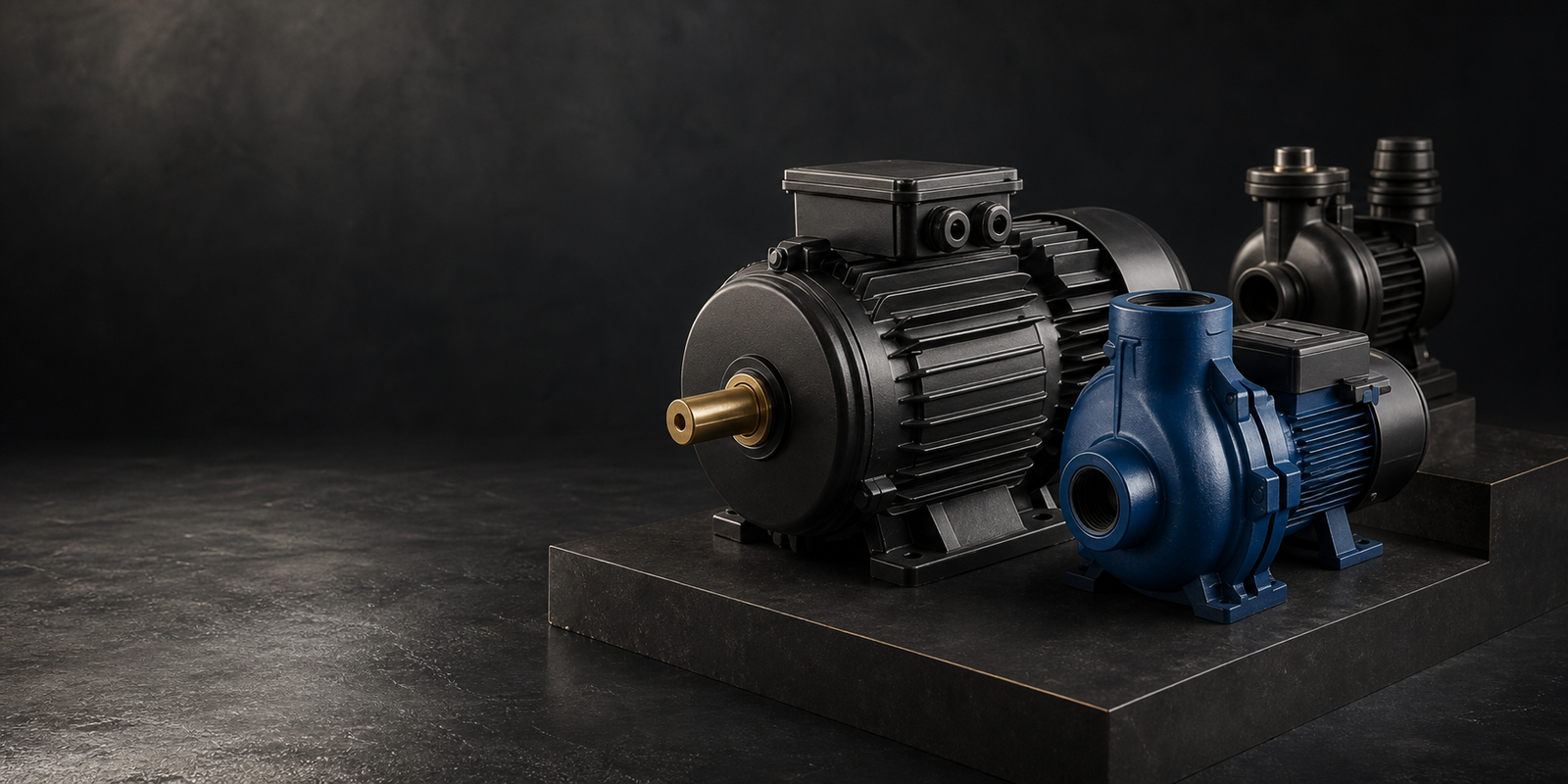 Electric motor and water pumps in a dark industrial studio