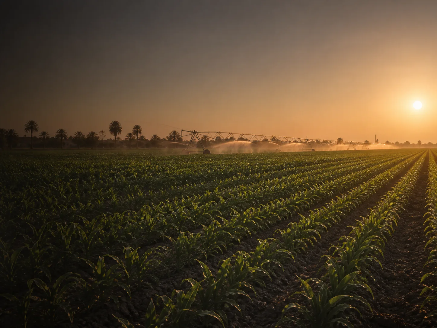 Irrigated agricultural field at sunrise